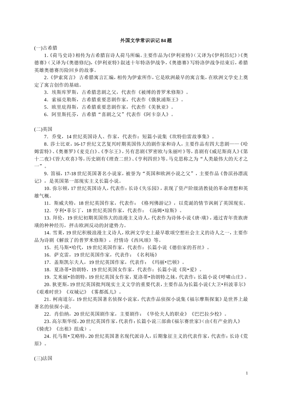 外国文学常识识记84题_第1页