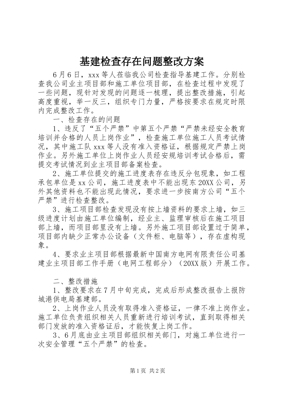 2024年基建检查存在问题整改方案_第1页