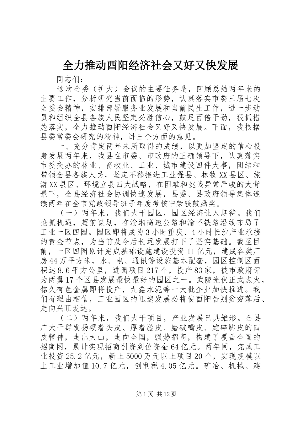 2024年全力推动酉阳经济社会又好又快发展_第1页