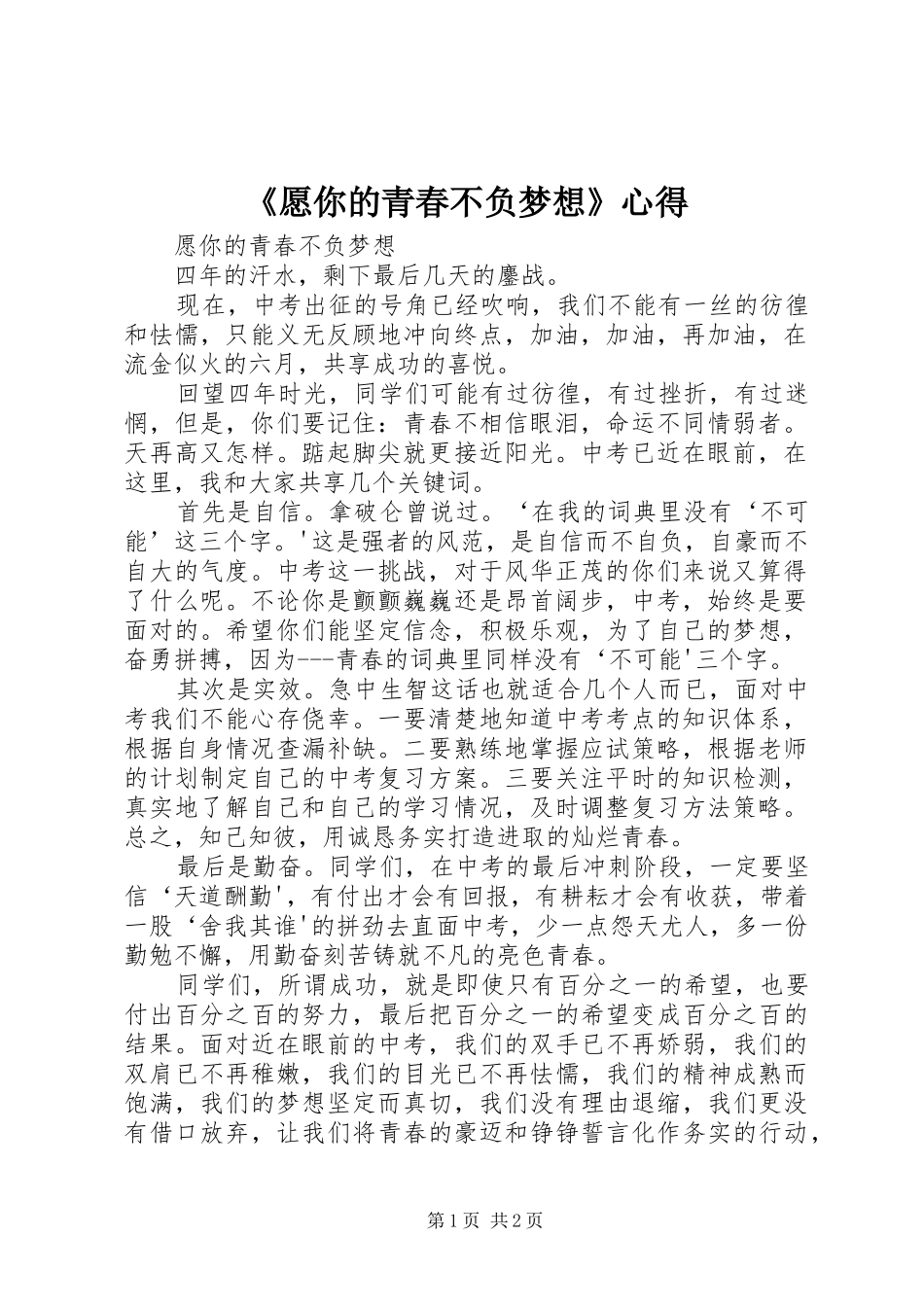 2024年愿你的青春不负梦想心得_第1页