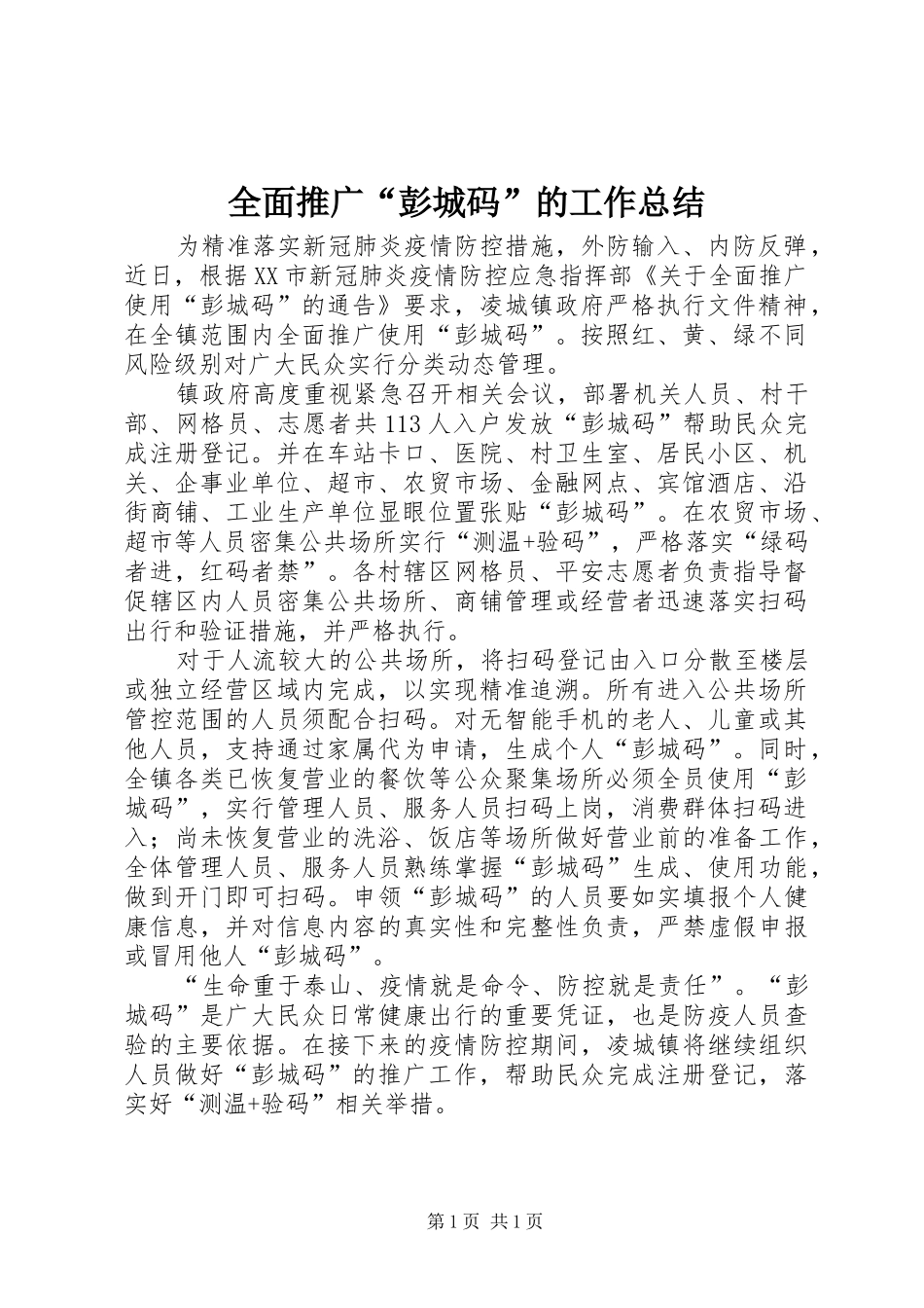 2024年全面推广彭城码的工作总结_第1页