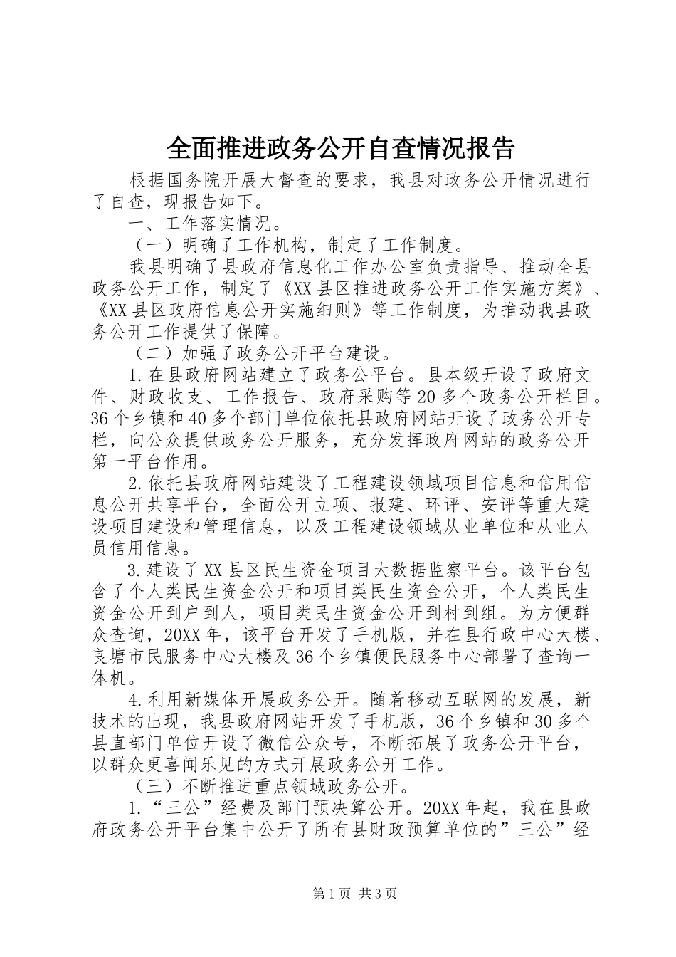 2024年全面推进政务公开自查情况报告_第1页