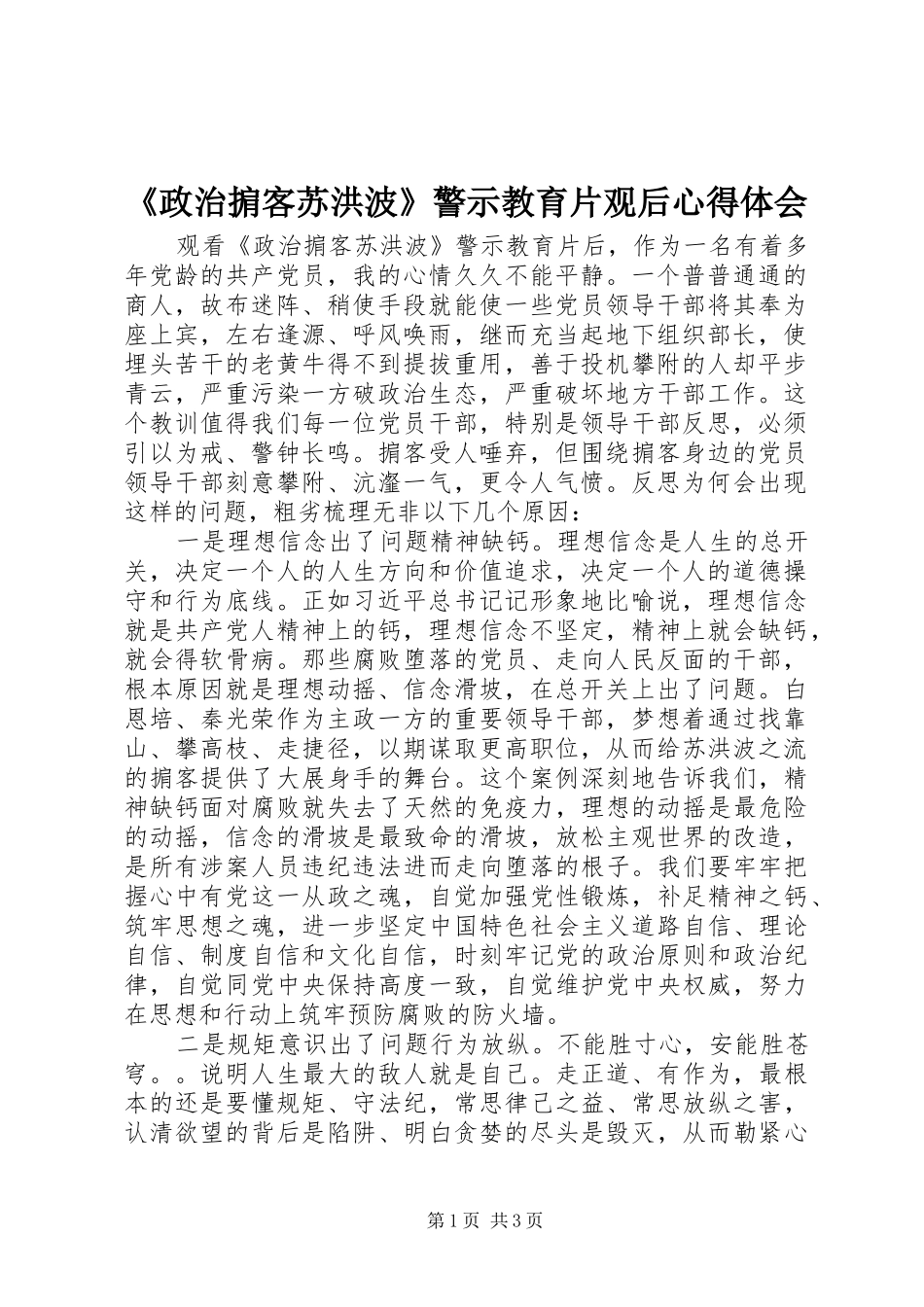 2024年政治掮客苏洪波警示教育片观后心得体会_第1页