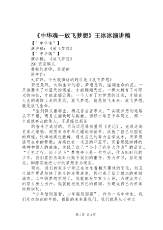 2024年中华魂放飞梦想王冰冰演讲稿