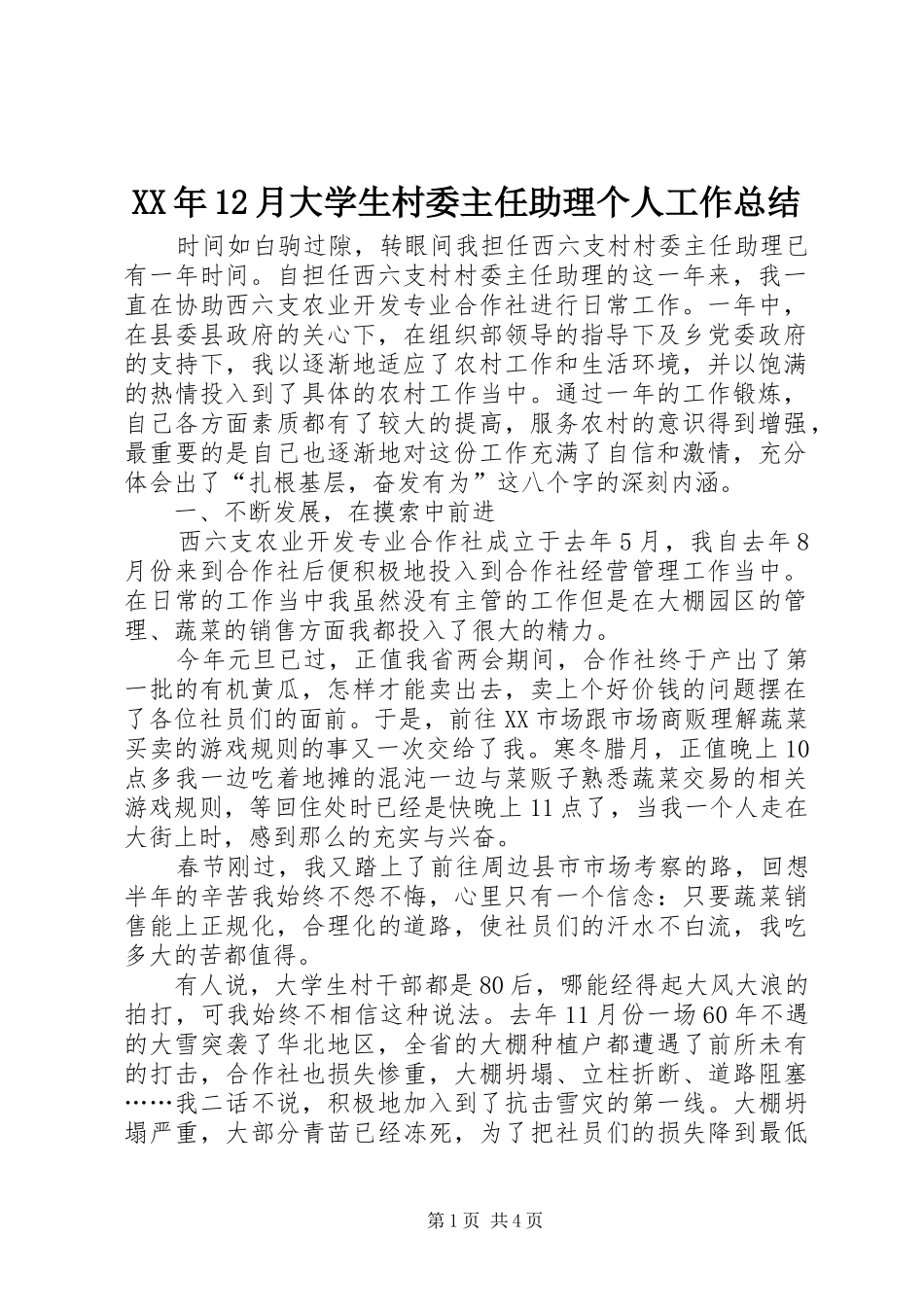 2024年月大学生村委主任助理个人工作总结_第1页