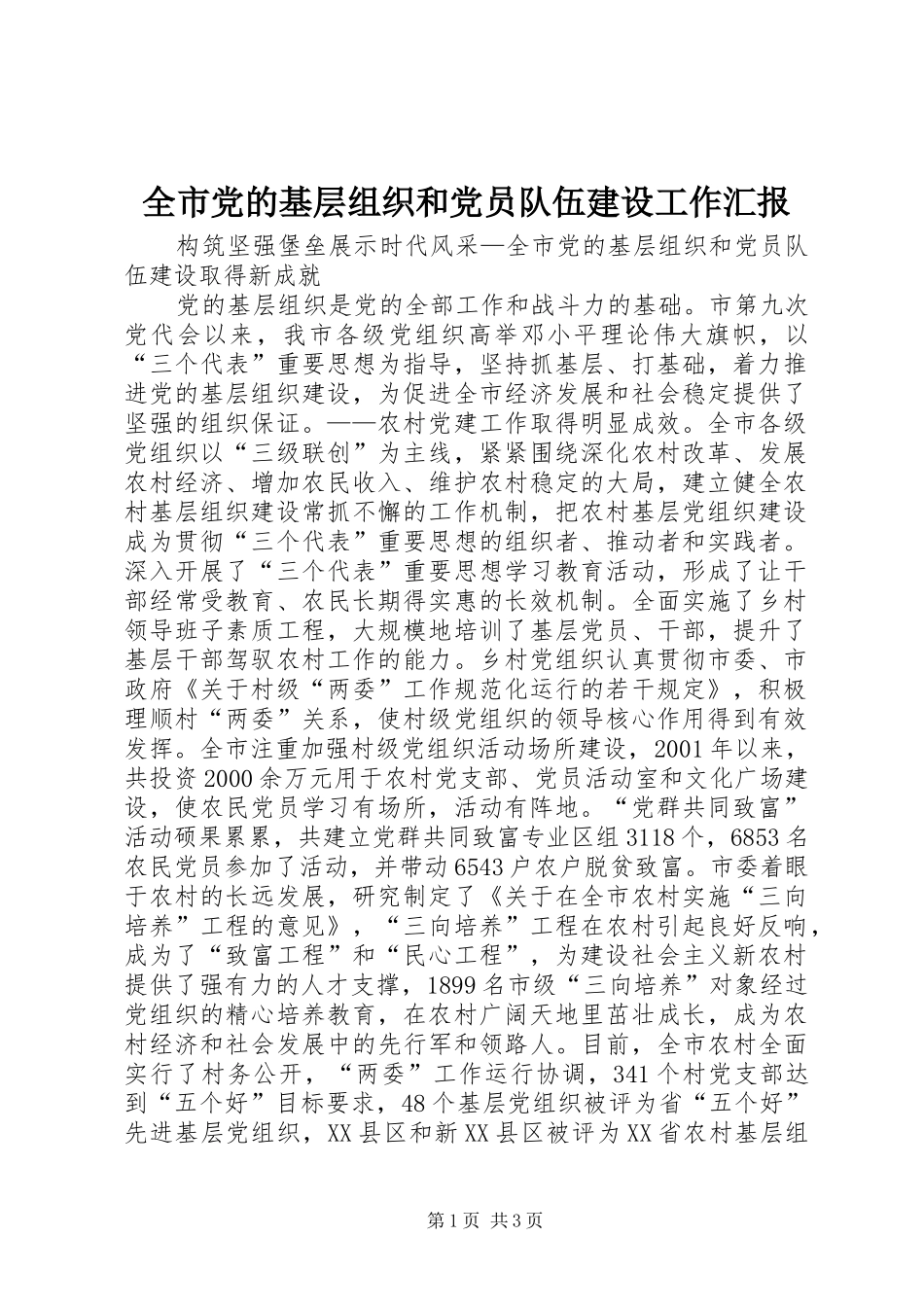 2024年全市党的基层组织和党员队伍建设工作汇报_第1页