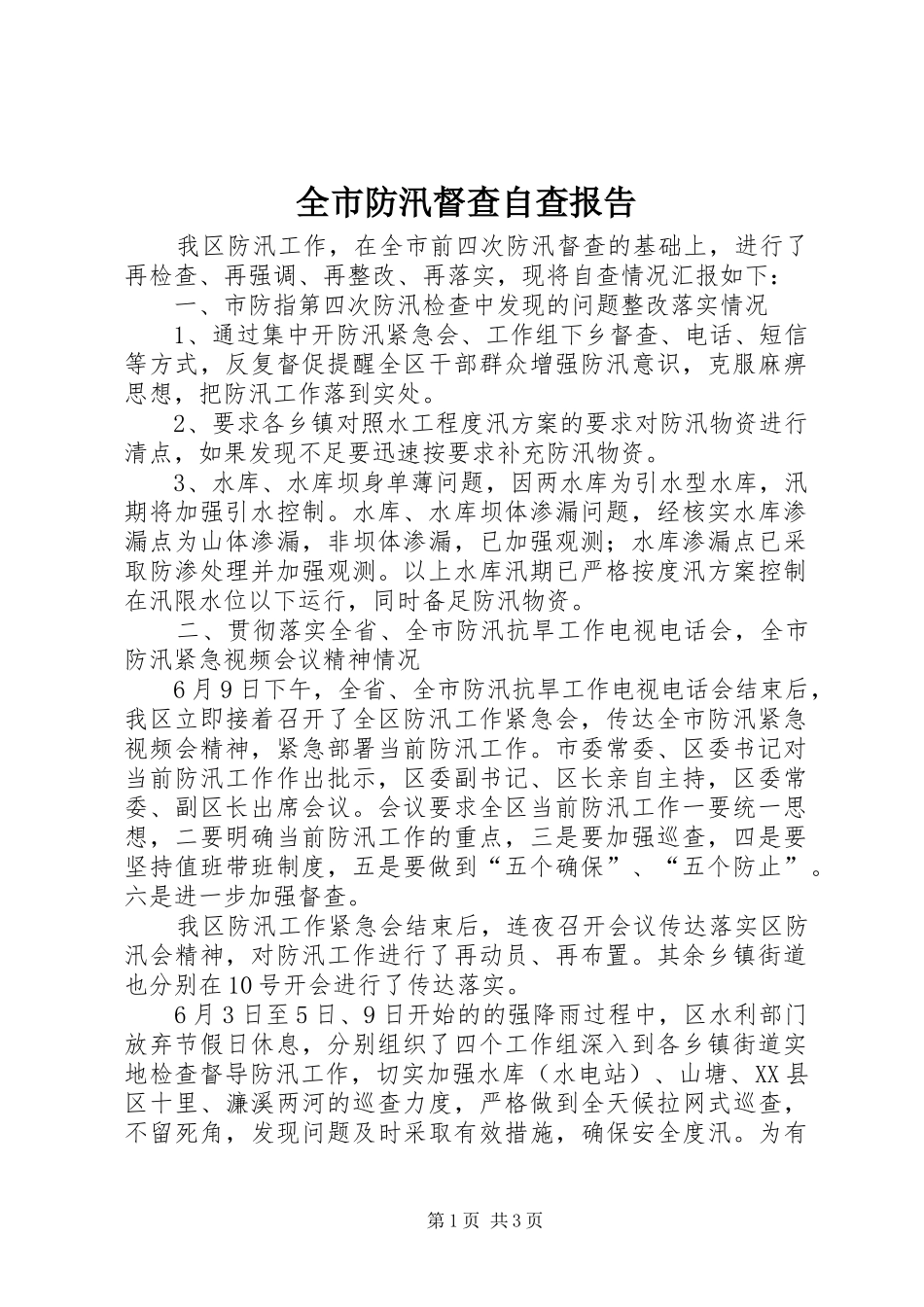 2024年全市防汛督查自查报告_第1页