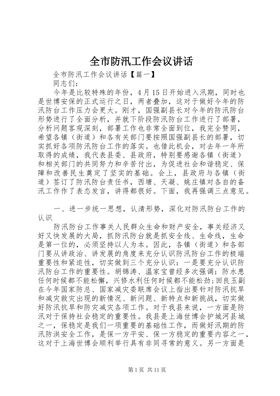 2024年全市防汛工作会议致辞_第1页
