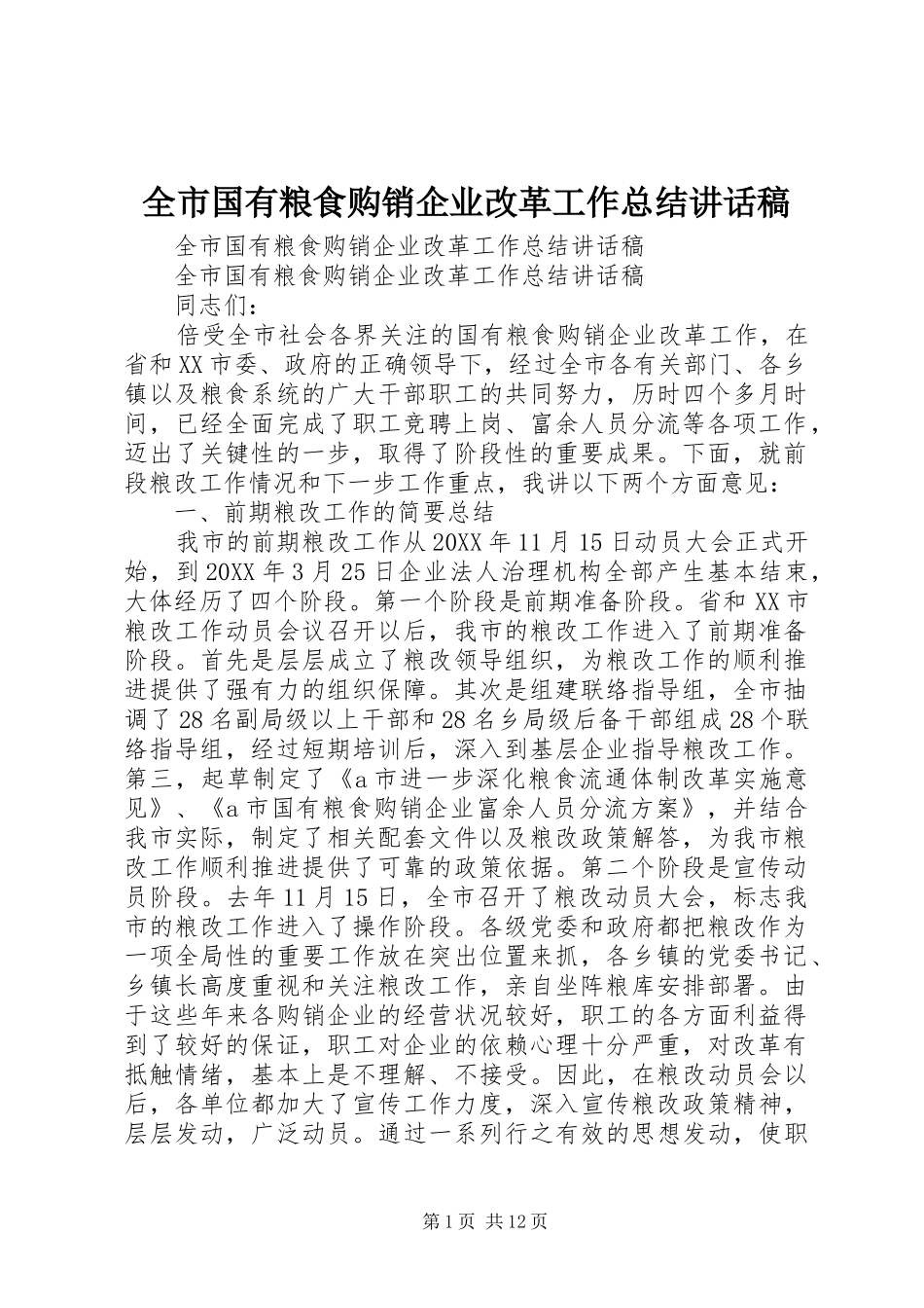 2024年全市国有粮食购销企业改革工作总结致辞稿_第1页