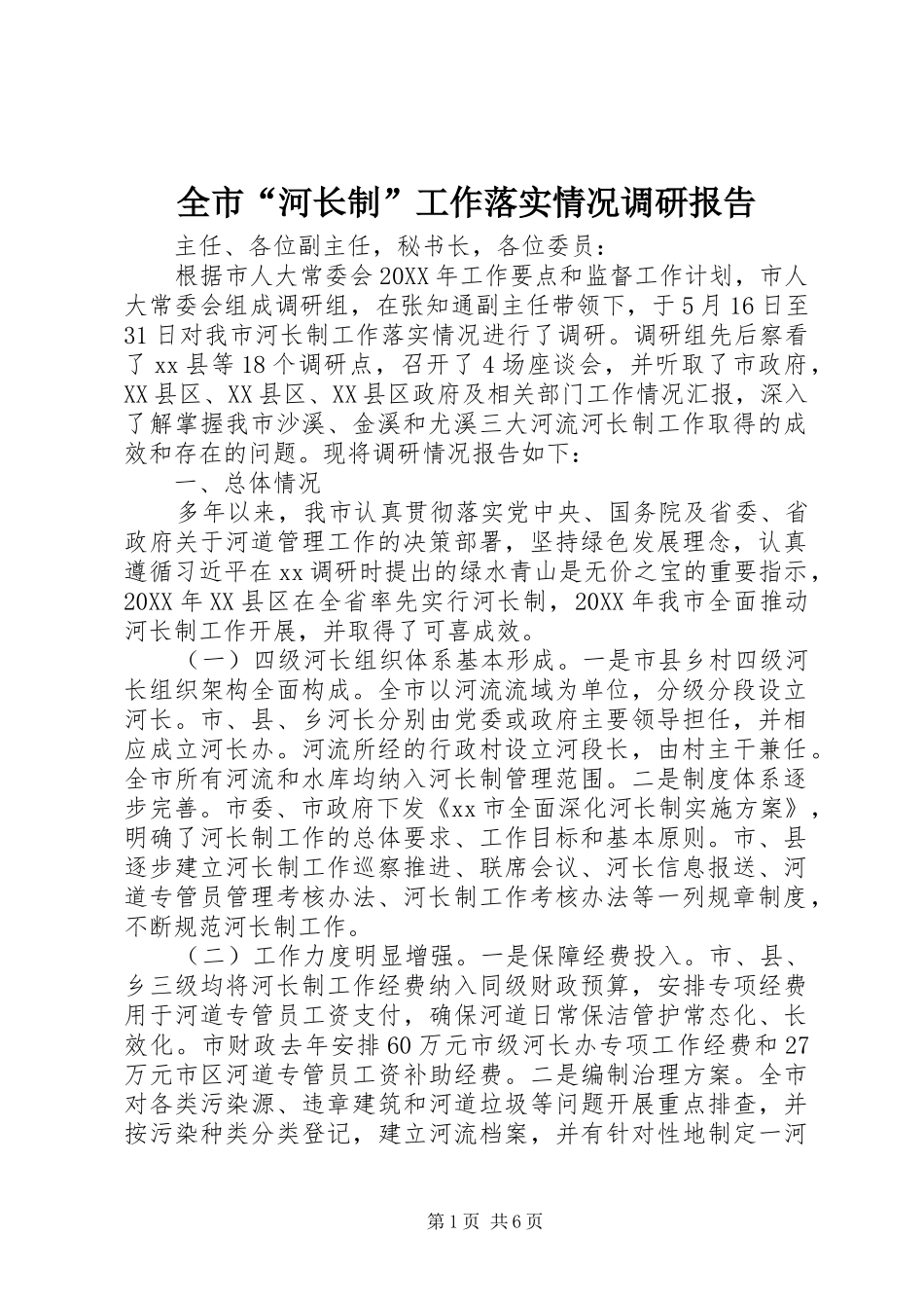 2024年全市河长制工作落实情况调研报告_第1页