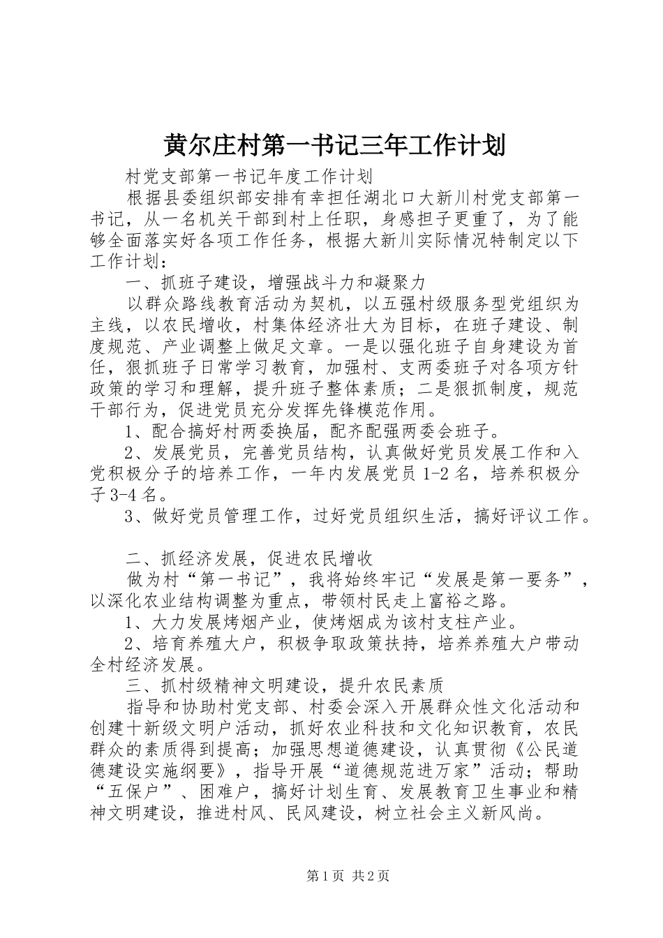 2024年黄尔庄村第一书记三年工作计划_第1页