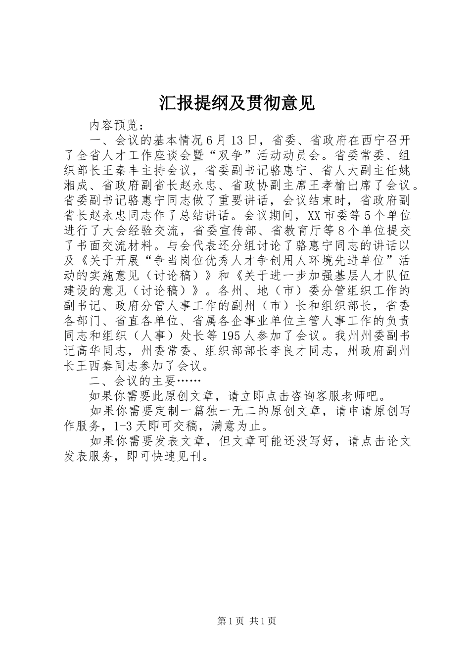 2024年汇报提纲及贯彻意见_第1页