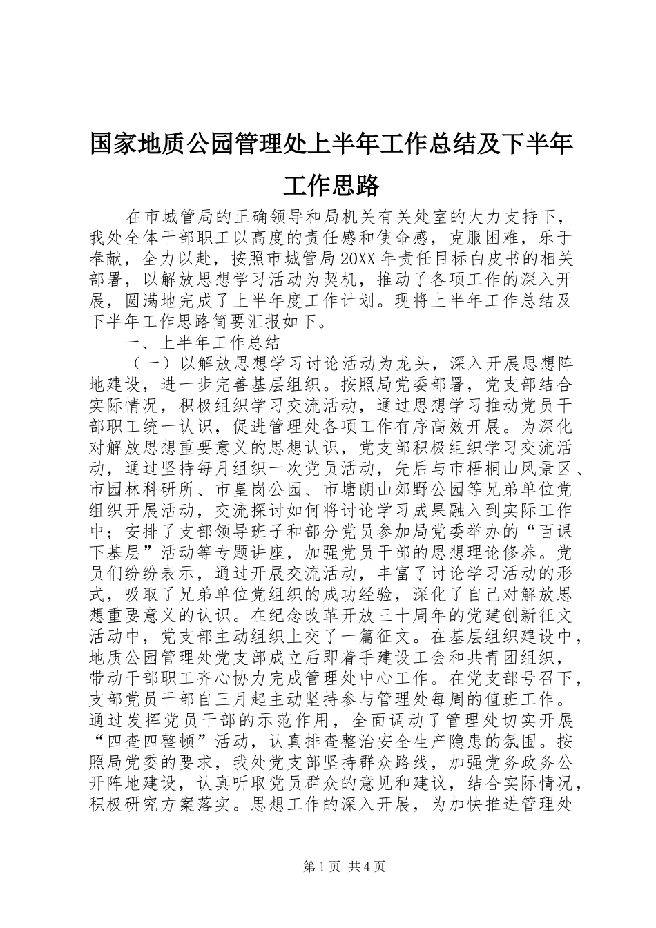 2024年国家地质公园管理处上半年工作总结及下半年工作思路_第1页
