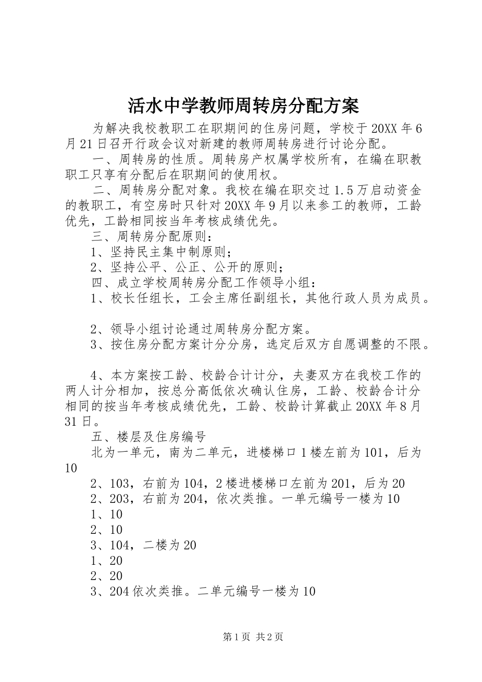 2024年活水中学教师周转房分配方案_第1页