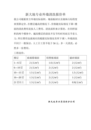 外墙清洗报价单
