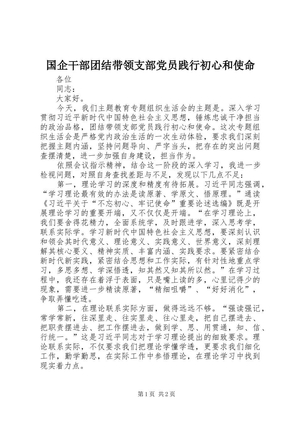 2024年国企干部团结带领支部党员践行初心和使命_第1页