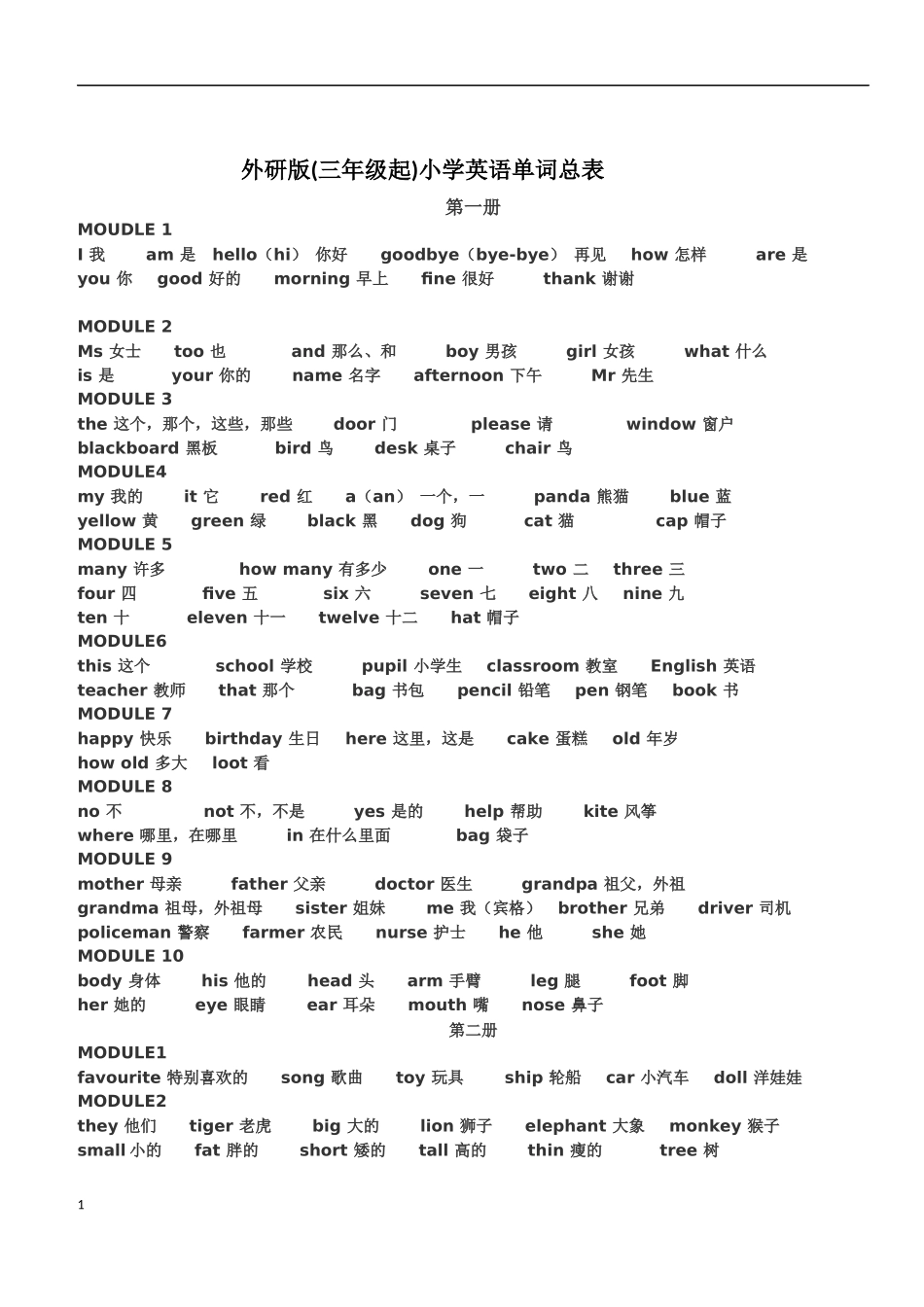外研版小学英语单词总表_第1页