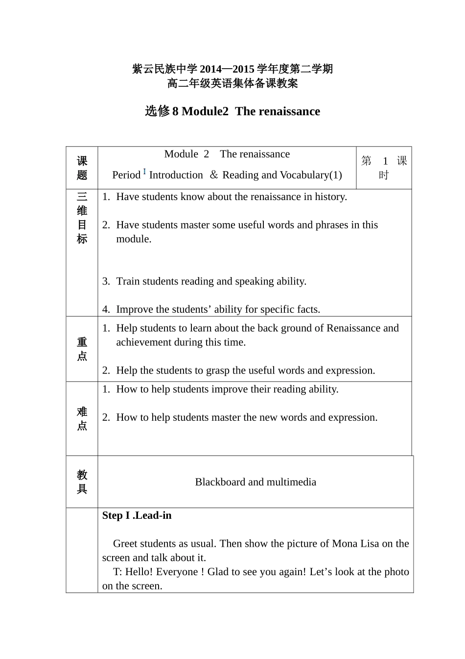 外研版--选修八--module2-Renaissance-全单元英语教案_第1页