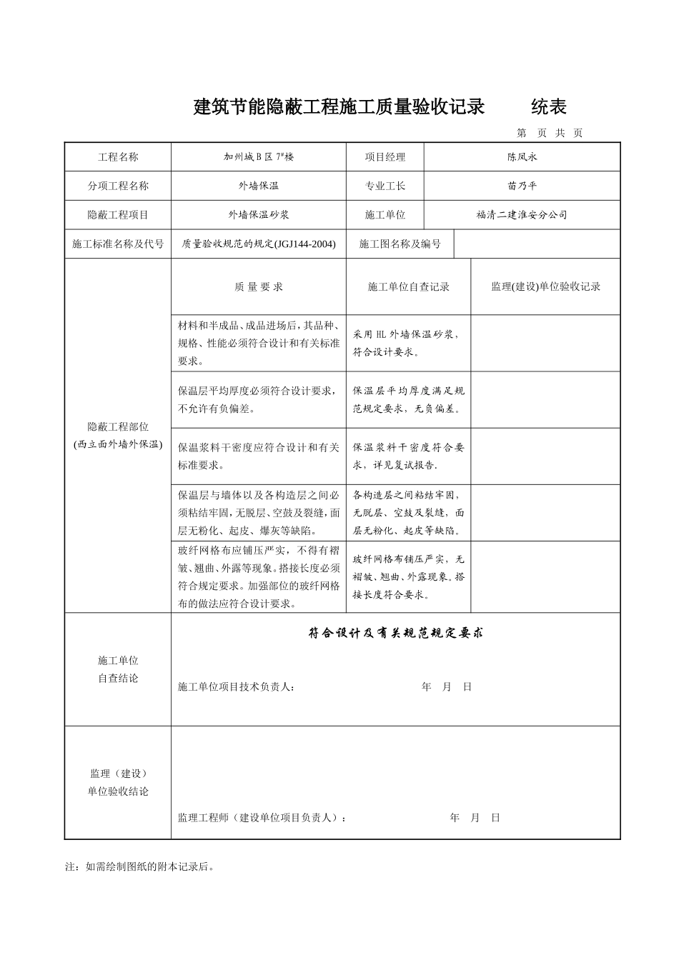 外墙保温砂浆--隐蔽工程验收记录-----------统表_第1页