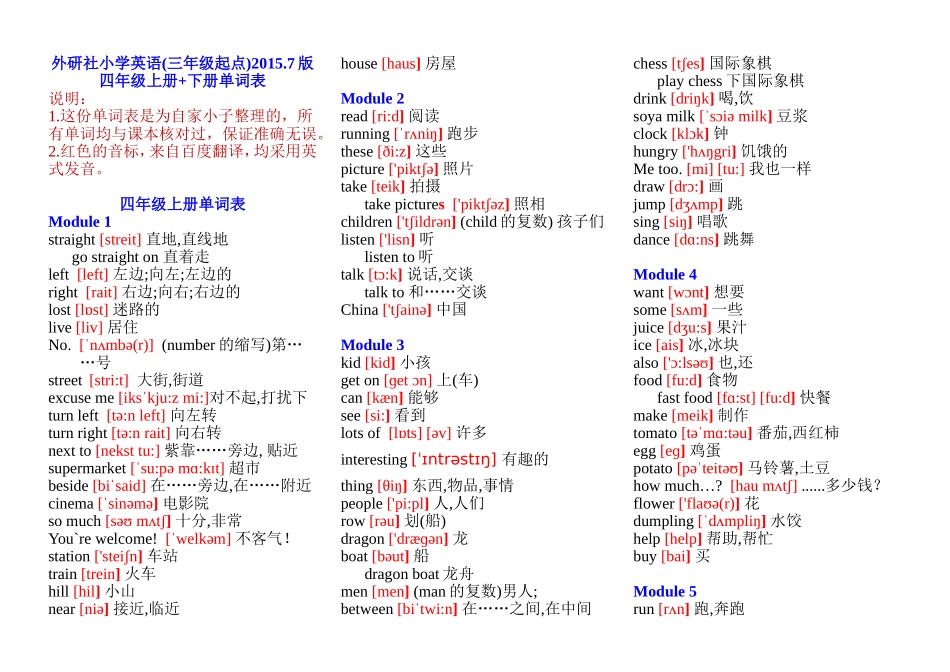 外研社(三年级起)小学英语四年级上册+下册单词表(含音标)_第1页