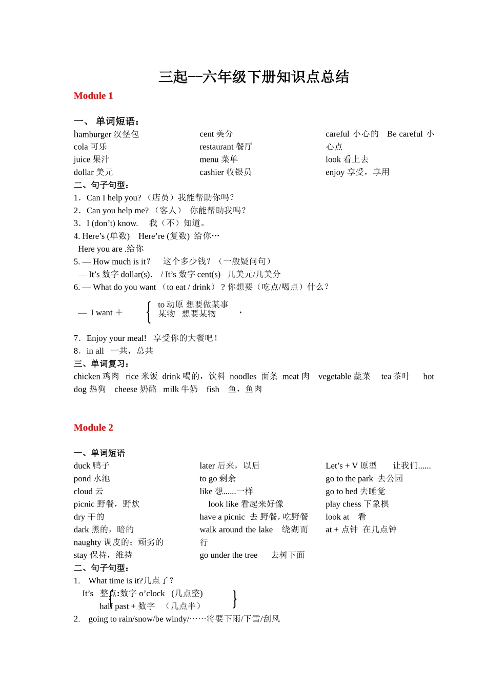 外语教学与研究出版社-三年级起点-小学英语六年级下册期末复习知识点_第1页