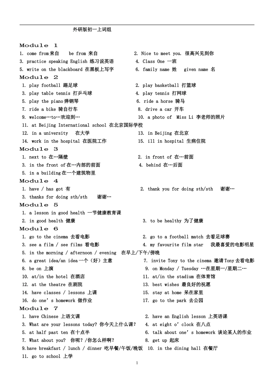 外研版初中英语全部词组整理_第1页