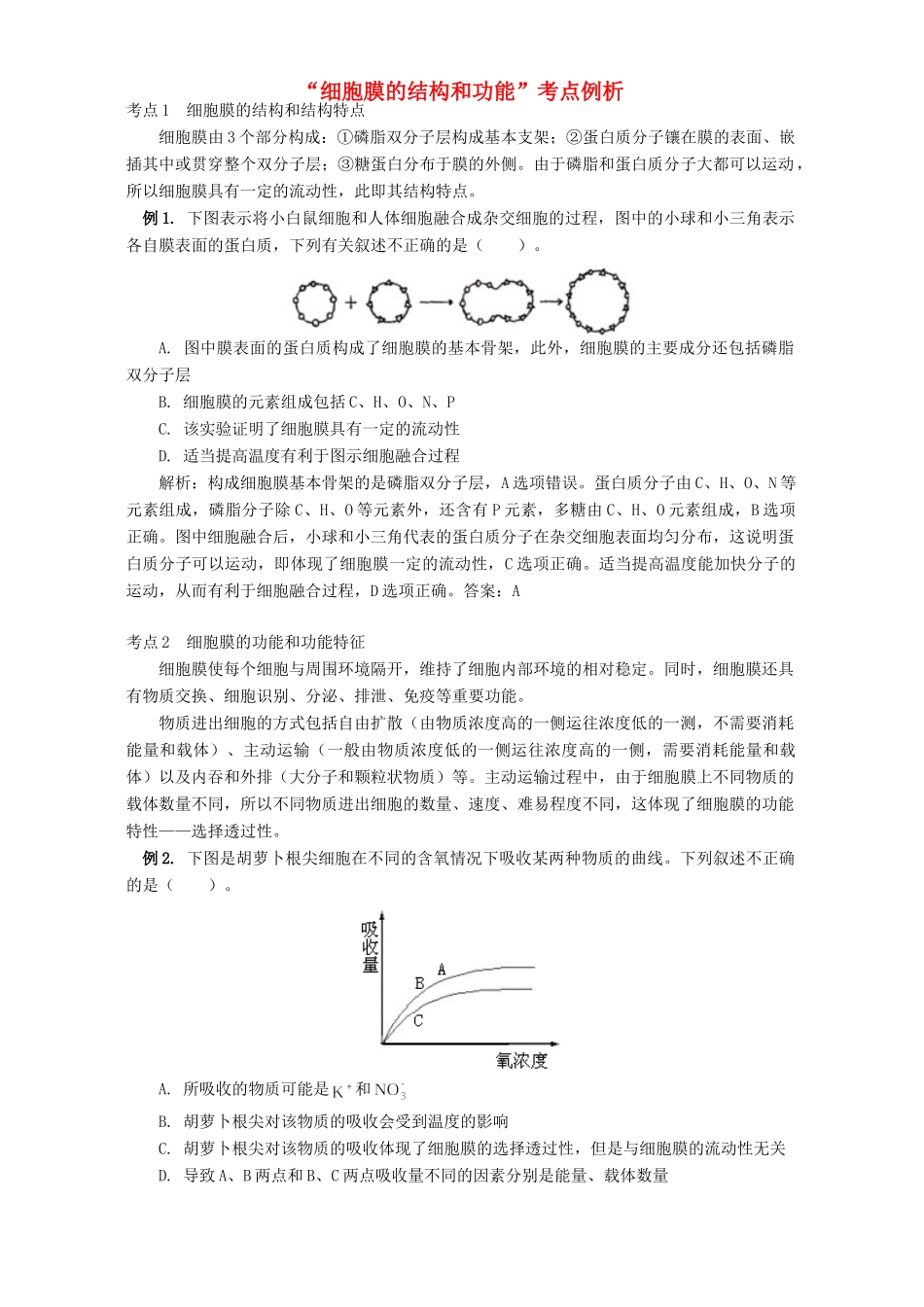 “细胞膜的结构和功能”考点例析 专题辅导_第1页