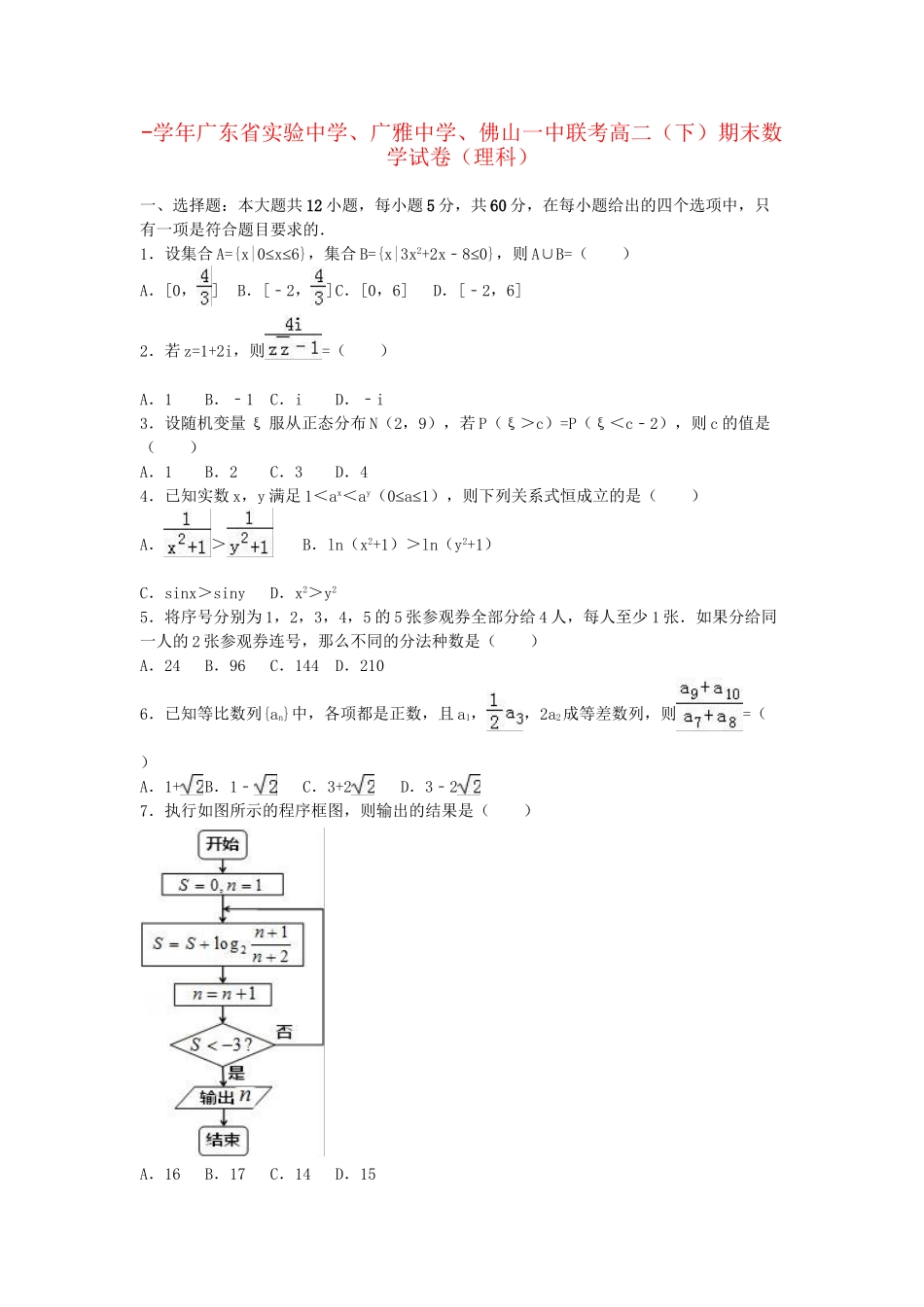 广雅中学佛山一中联考高二数学下学期期末试卷 理（含解析）-人教版高二数学试题_第1页