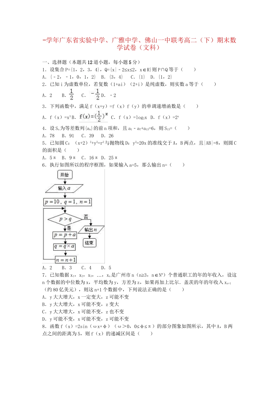 广雅中学佛山一中联考高二数学下学期期末试卷 文（含解析）-人教版高二数学试题_第1页