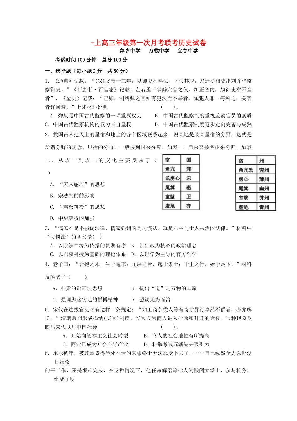 万载中学宜春中学高三历史上学期第一次月考试题-人教版高三历史试题_第1页