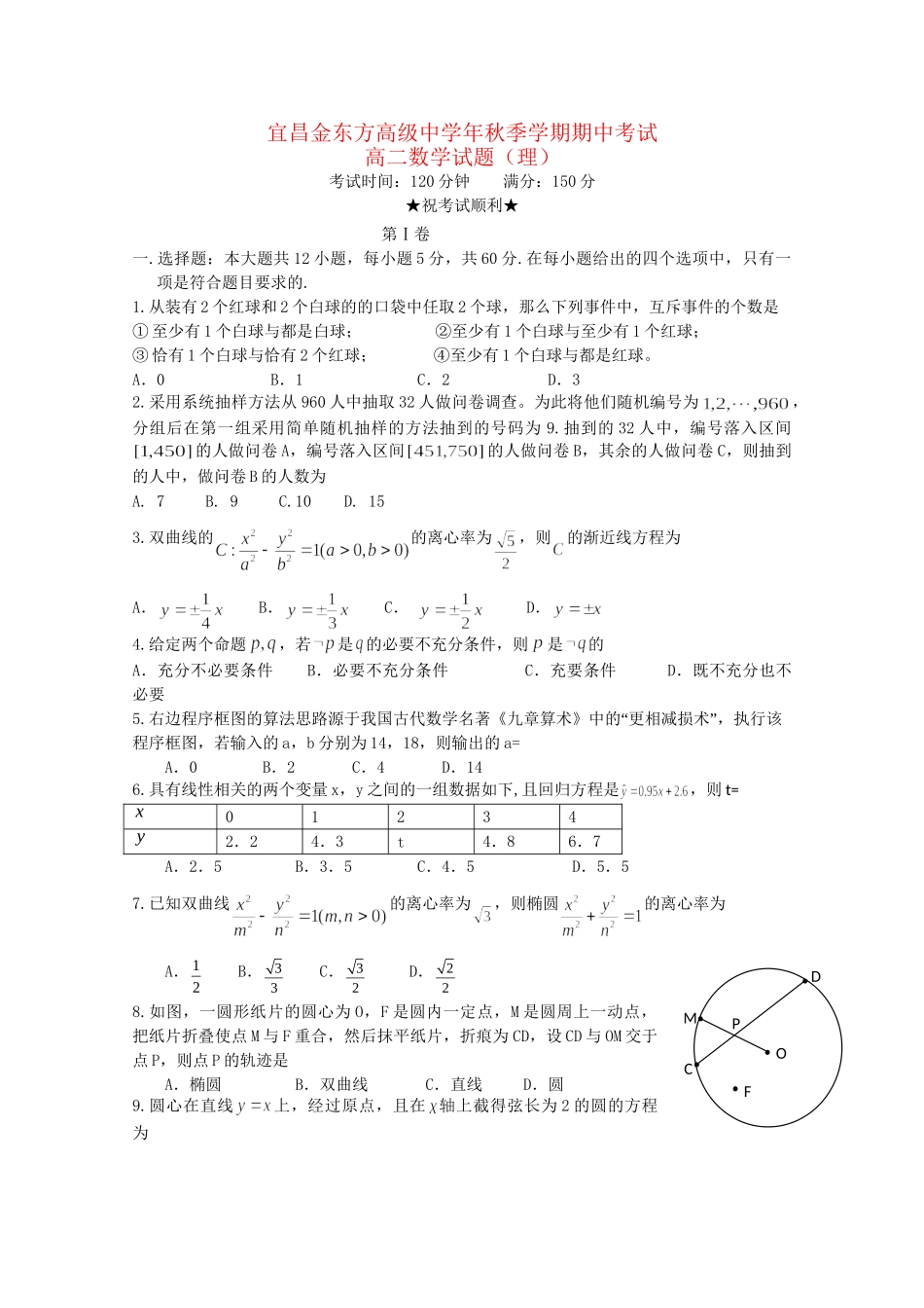 宜昌金东方高级中学高二数学上学期期中联考试题 理-人教版高二数学试题_第1页