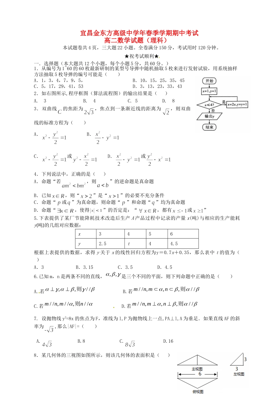 宜昌金东方高级中学高二数学下学期期中联考试题 理-人教版高二数学试题_第1页