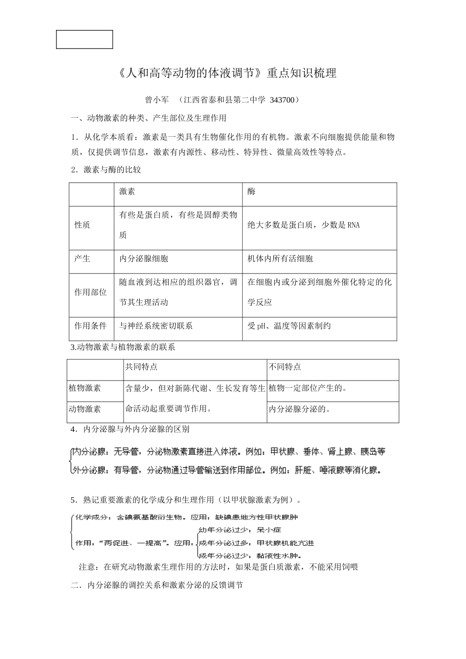 《人和高等动物的激素调节》重点知识联系与剖析_第1页