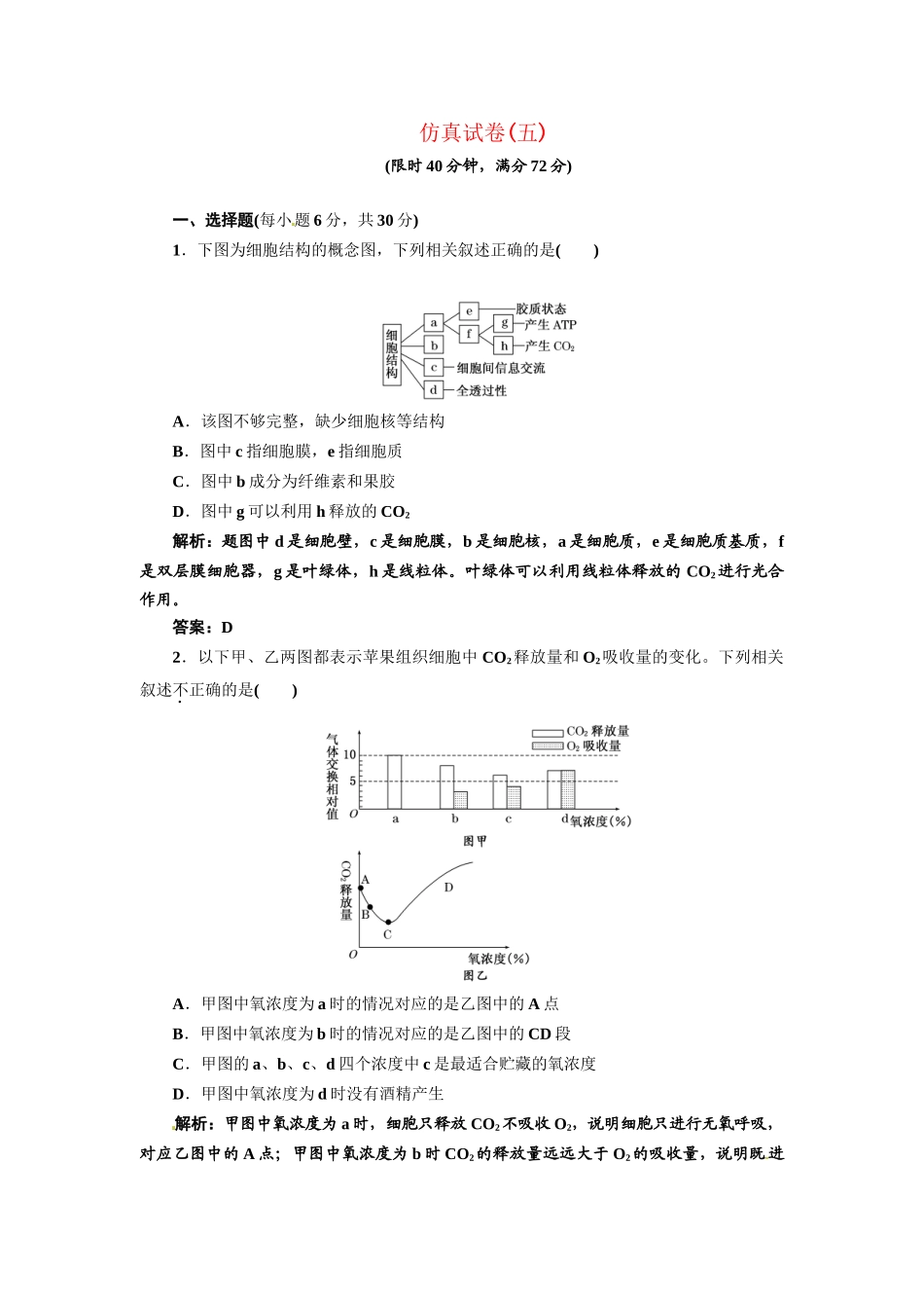 《三维设计》高考生物 专题辅导与测试-仿真试卷（五）_第1页
