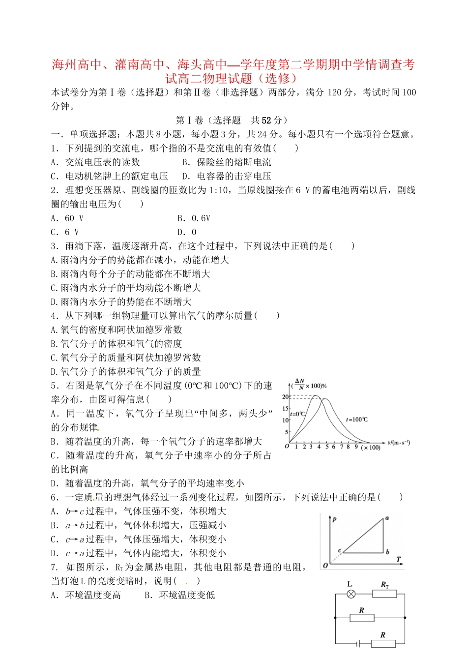 灌南高级中学海头高级中学高二物理 下学期期中试题-人教版高二物理试题_第1页