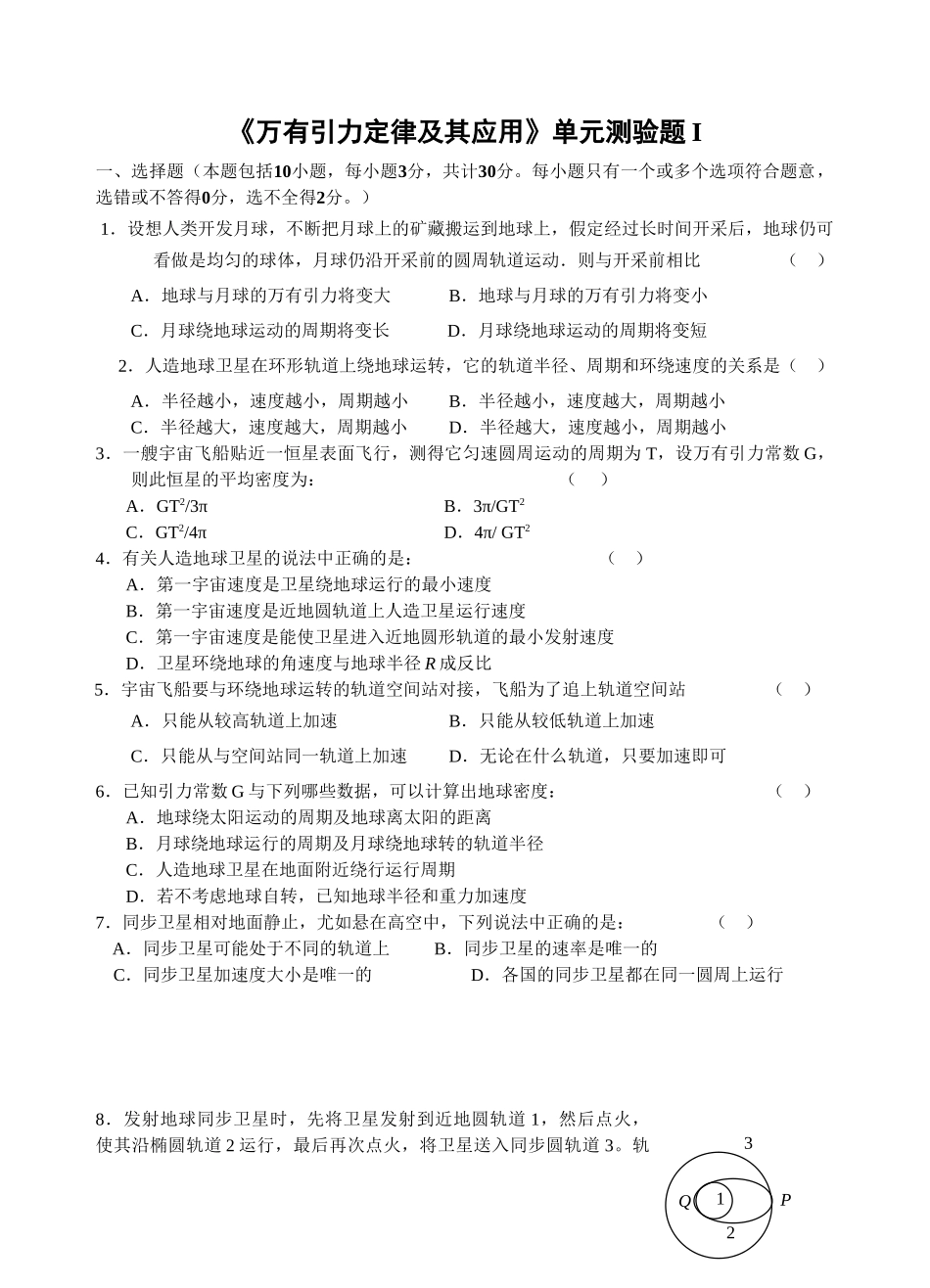 《万有引力定律及其应用》单元测验题I_第1页