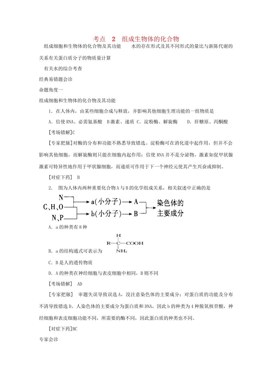 《专家把脉高考与考场零失误》高考生物总复习考点2 组成生物体的化合物_第1页