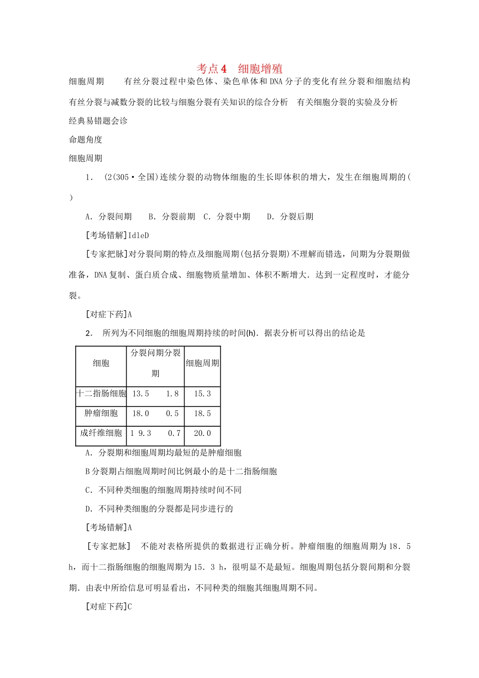 《专家把脉高考与考场零失误》高考生物总复习考点4 细胞增殖_第1页