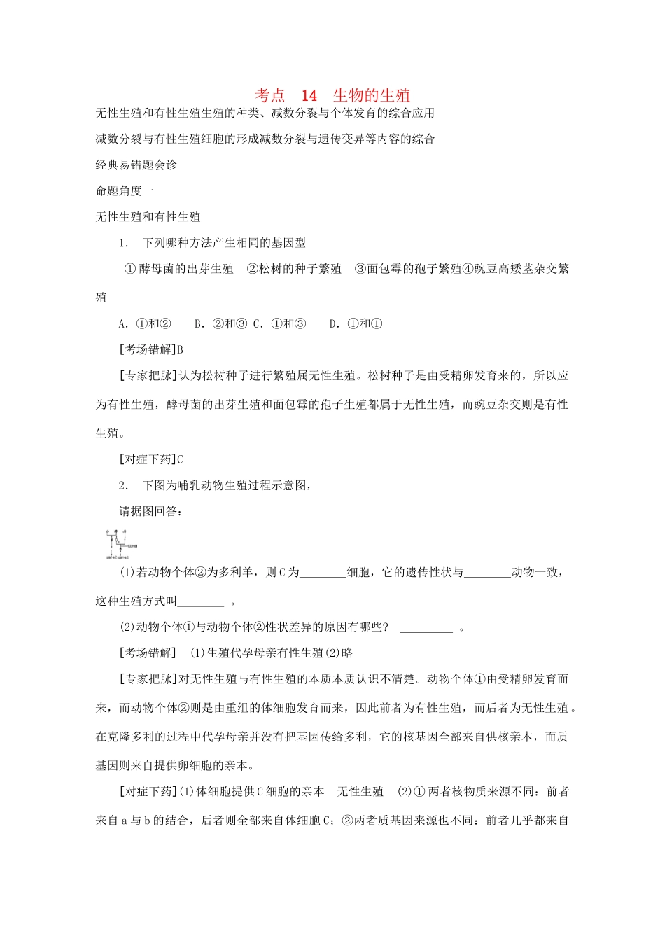 《专家把脉高考与考场零失误》高考生物总复习考点14 生物的生殖_第1页