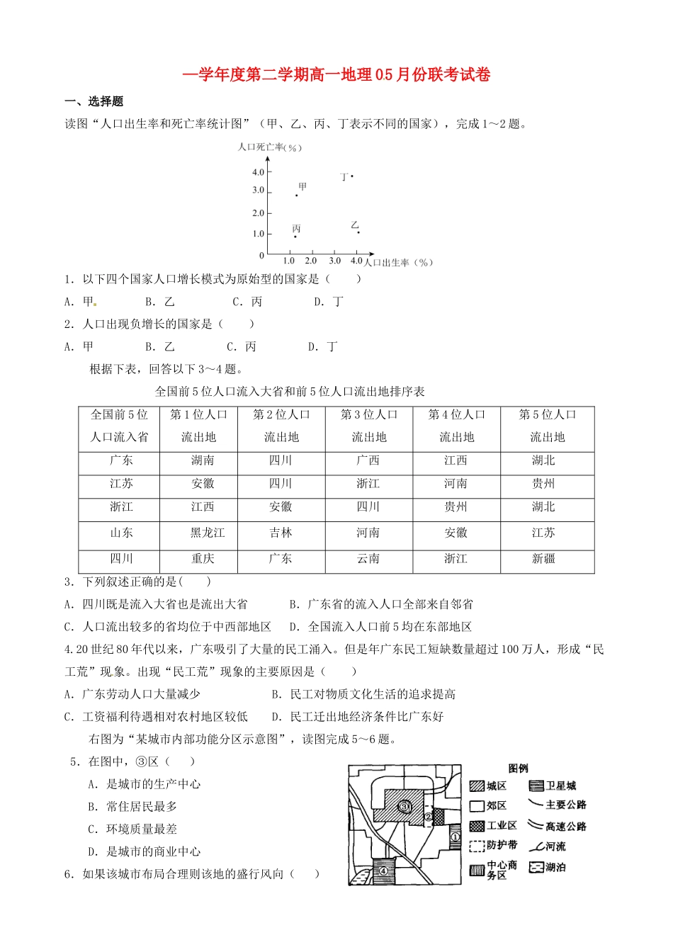 洪都中学等五校高一地理5月联考试题-人教版高一地理试题_第1页
