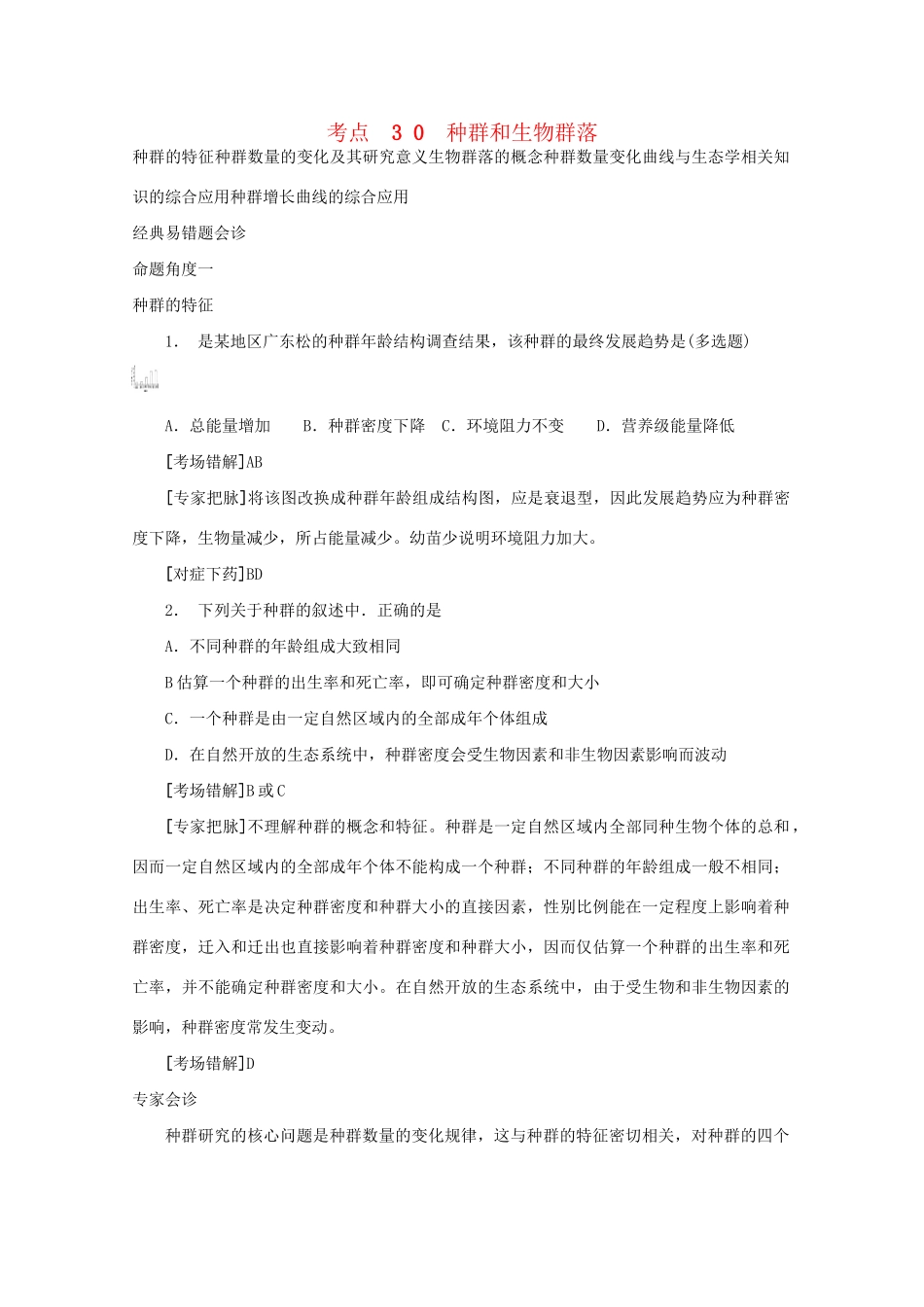 《专家把脉高考与考场零失误》高考生物总复习考点30 种群和生物群落_第1页