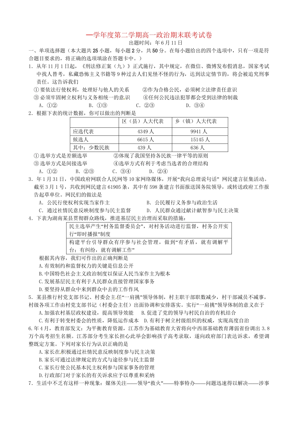 洪都中学等五校高一政治下学期期末联考试题-人教版高一政治试题_第1页