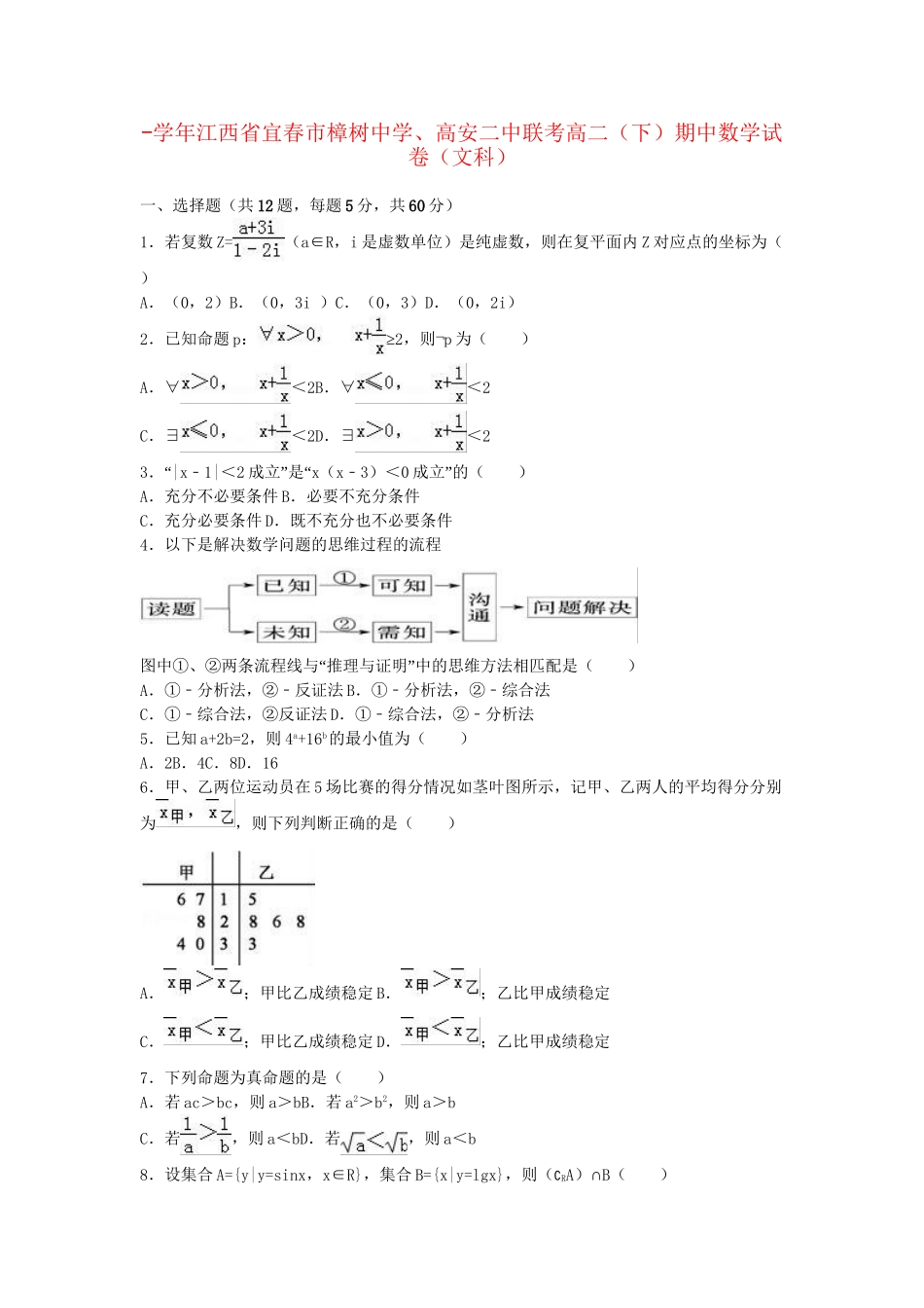 高安二中联考高二数学下学期期中试卷 文（含解析）-人教版高二数学试题_第1页
