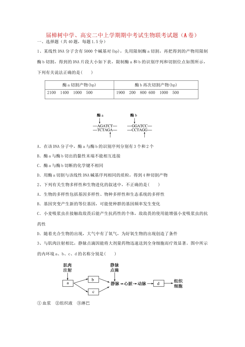 高安市第二中学高二生物上学期期中联考试题（奥赛班）-人教版高二生物试题_第1页