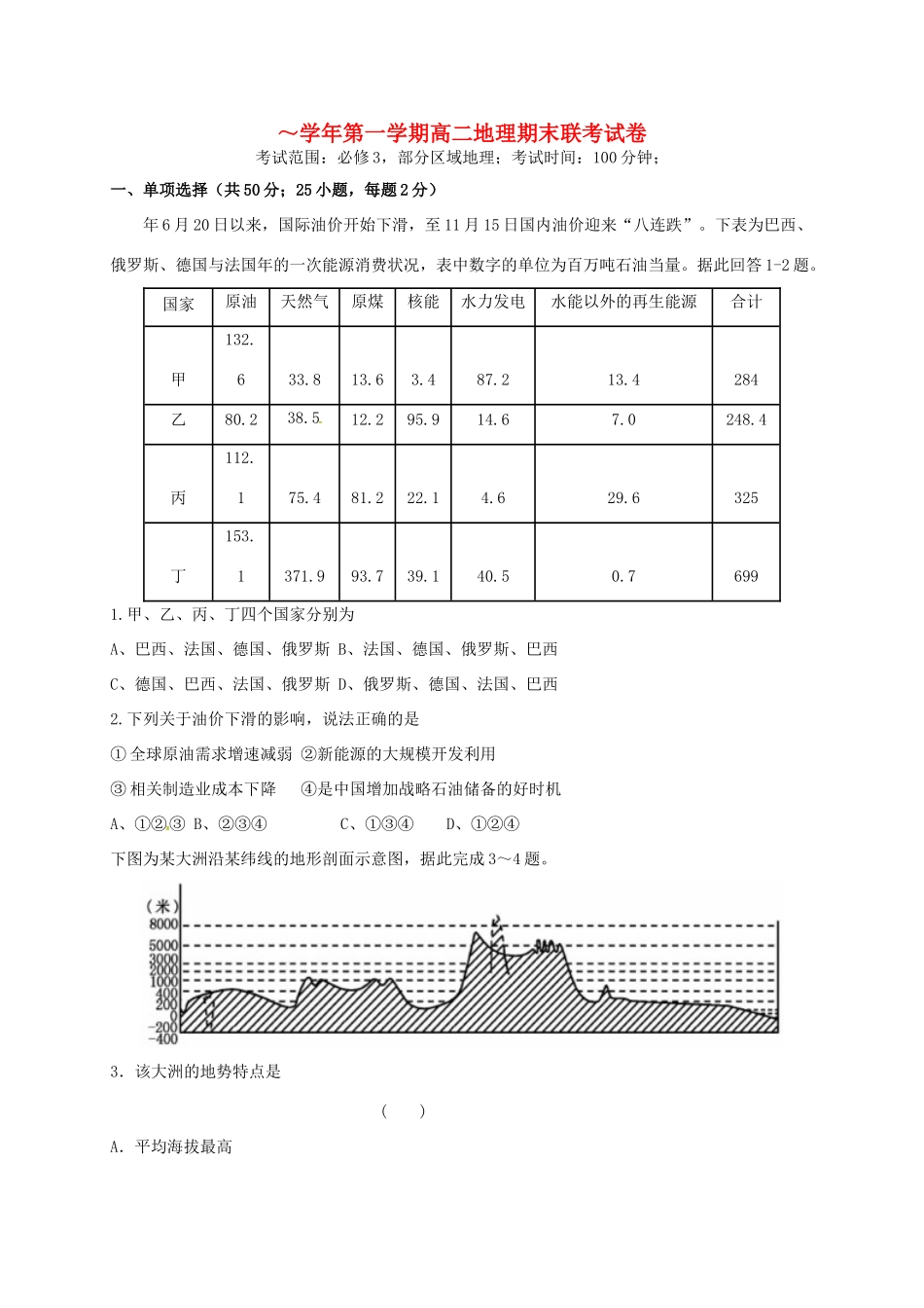洪都中学麻丘中学等六校高二地理上学期期末考试试题-人教版高二地理试题_第1页