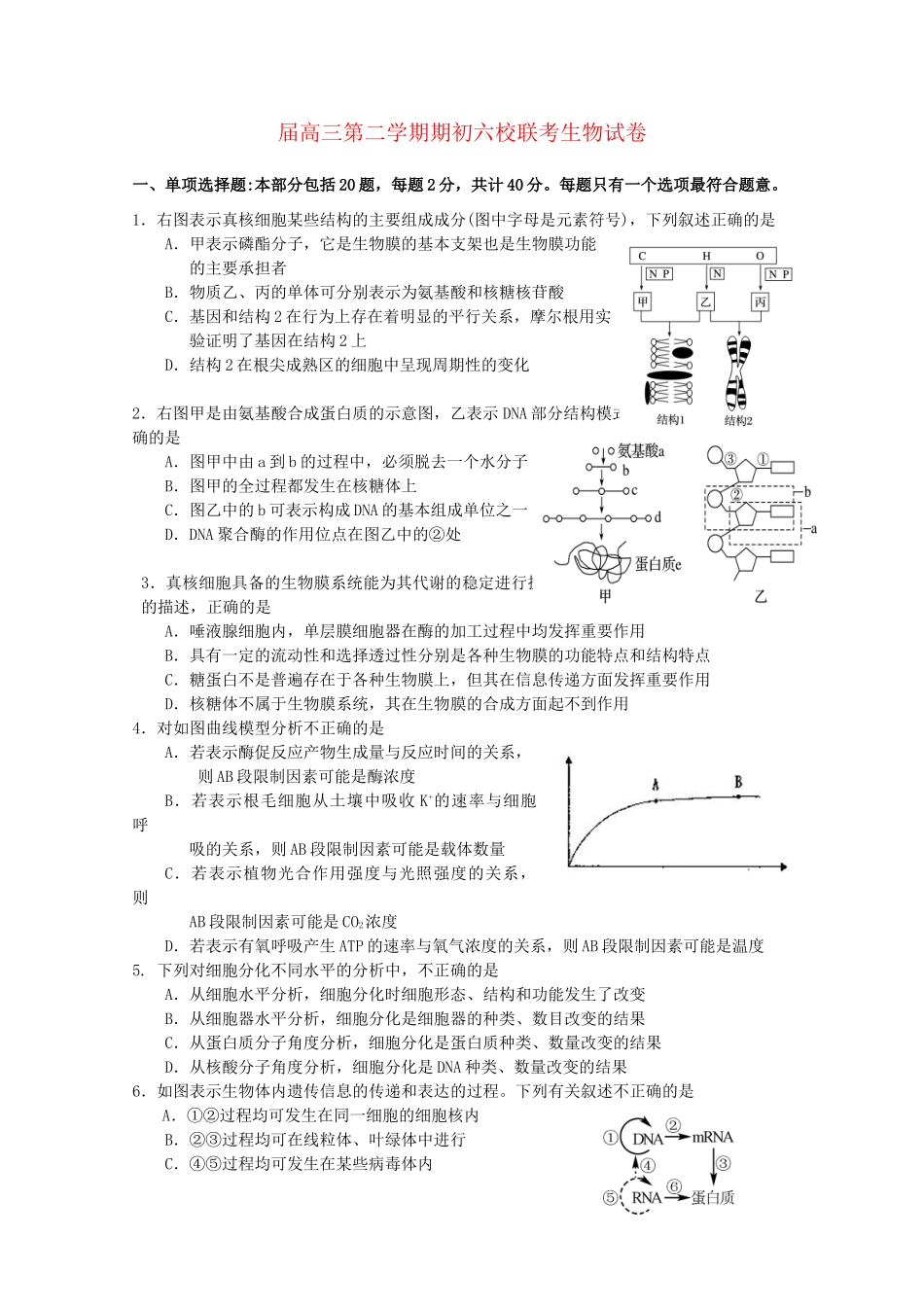 溧水高级中学省句中省扬中镇江一中省镇中六校高三生物下学期2月联考试卷-人教版高三生物试题_第1页