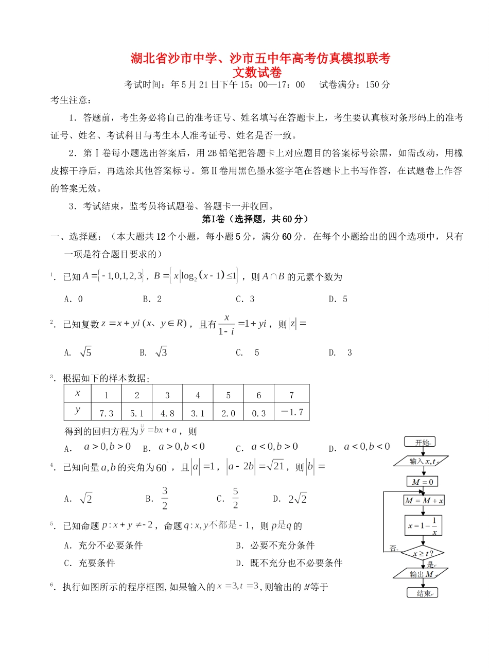 沙市五中高考数学仿真模拟联考试题 文-人教版高三数学试题_第1页