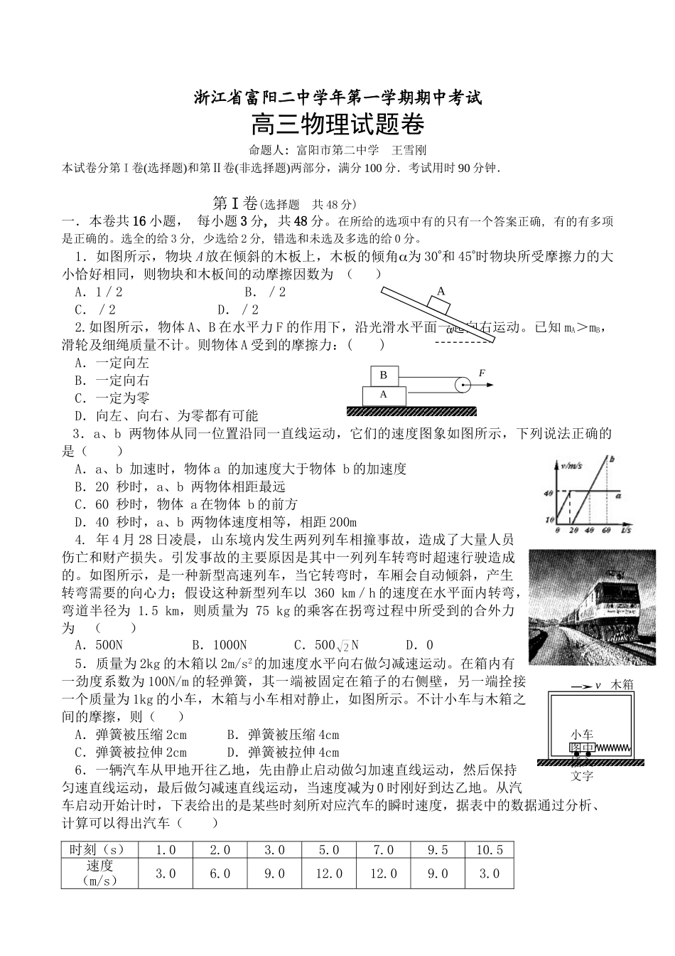 浙江省富阳市第二中学-学度期中考试高三物理试卷_第1页