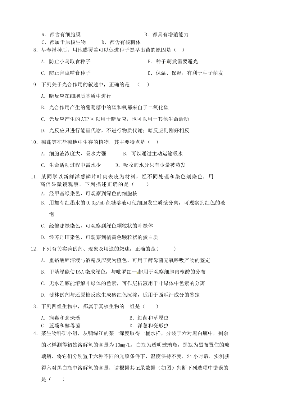 永县第二中学高二生物下学期期中试题（必修1）-人教版高二必修1生物试题_第2页