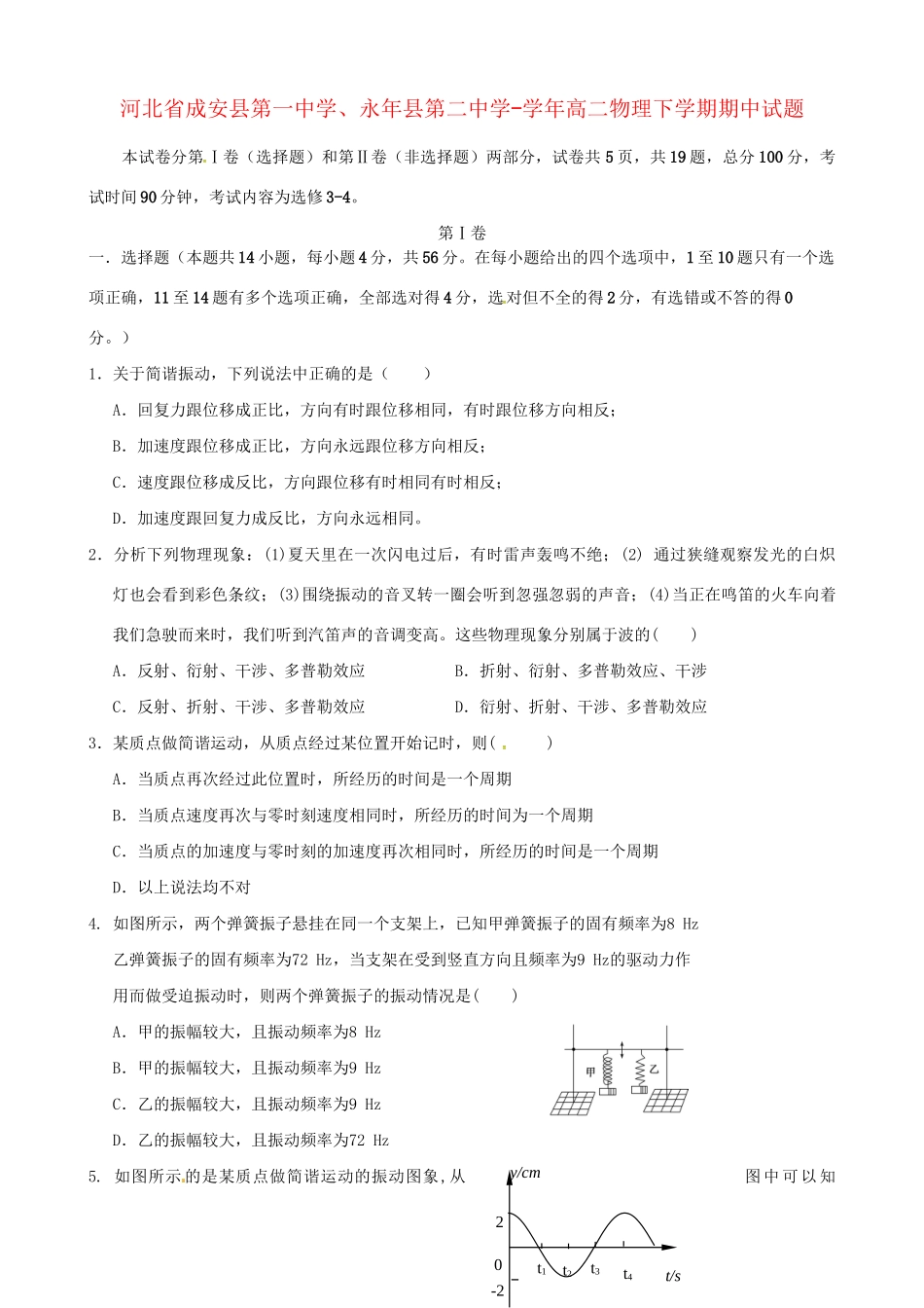 永县第二中学高二物理下学期期中试题-人教版高二物理试题_第1页